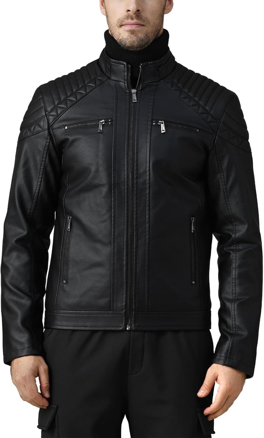 Men's Leather Jacket, Stand Collar PU Faux Leather, Zip-Up Motorcycle Bomber Jacket, Slim Fit Biker Coat
