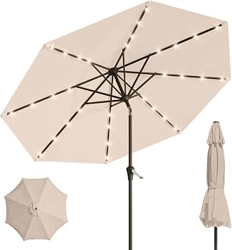 9 Solar LED Patio Umbrella with Tilt & Crank|8 Sturdy Ribs,UV Protection,Outdoor Market Table Umbrella for Deck,Lawn,Pool,BackyardBeige
