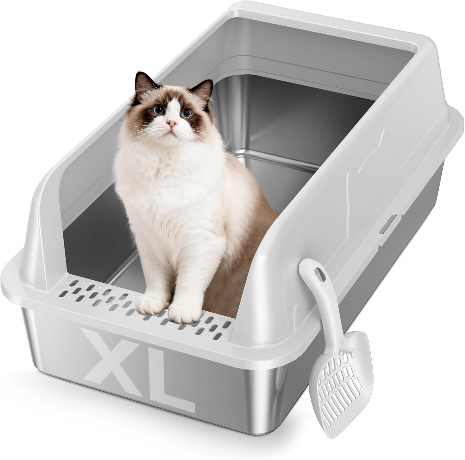 Extra Large Stainless Steel High Sides Cat Litter Box with Scoop, XL 23"X15"X10.3" Metal Odor Resistant Nonstick Easy Clean Kitty Litterbox, Gray