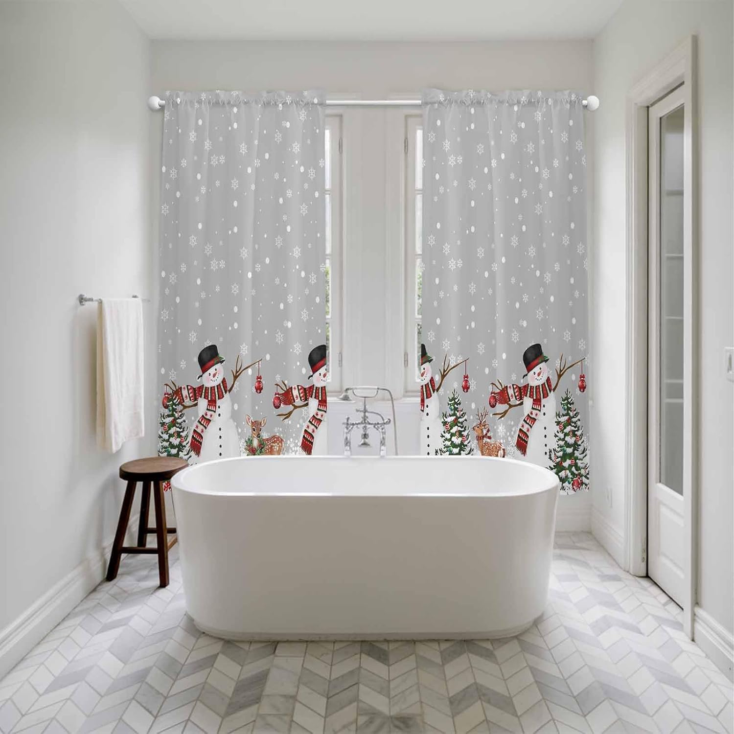 Grey Christmas Window Curtains 72 Inch Long 2 Panel Set, Rod Pocket Long Curtains & Drapes, Snowman Snowflake Xmas Tree Ball Elk Light Filtering Window Treatment for Bedroom Living Room 52"W x 72"L