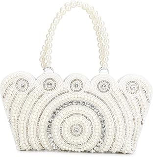 Suman Enterprises Pearl Tote Clutch, Wrist Bag Evening Clutch Wedding Purse for Women & Girls (White)