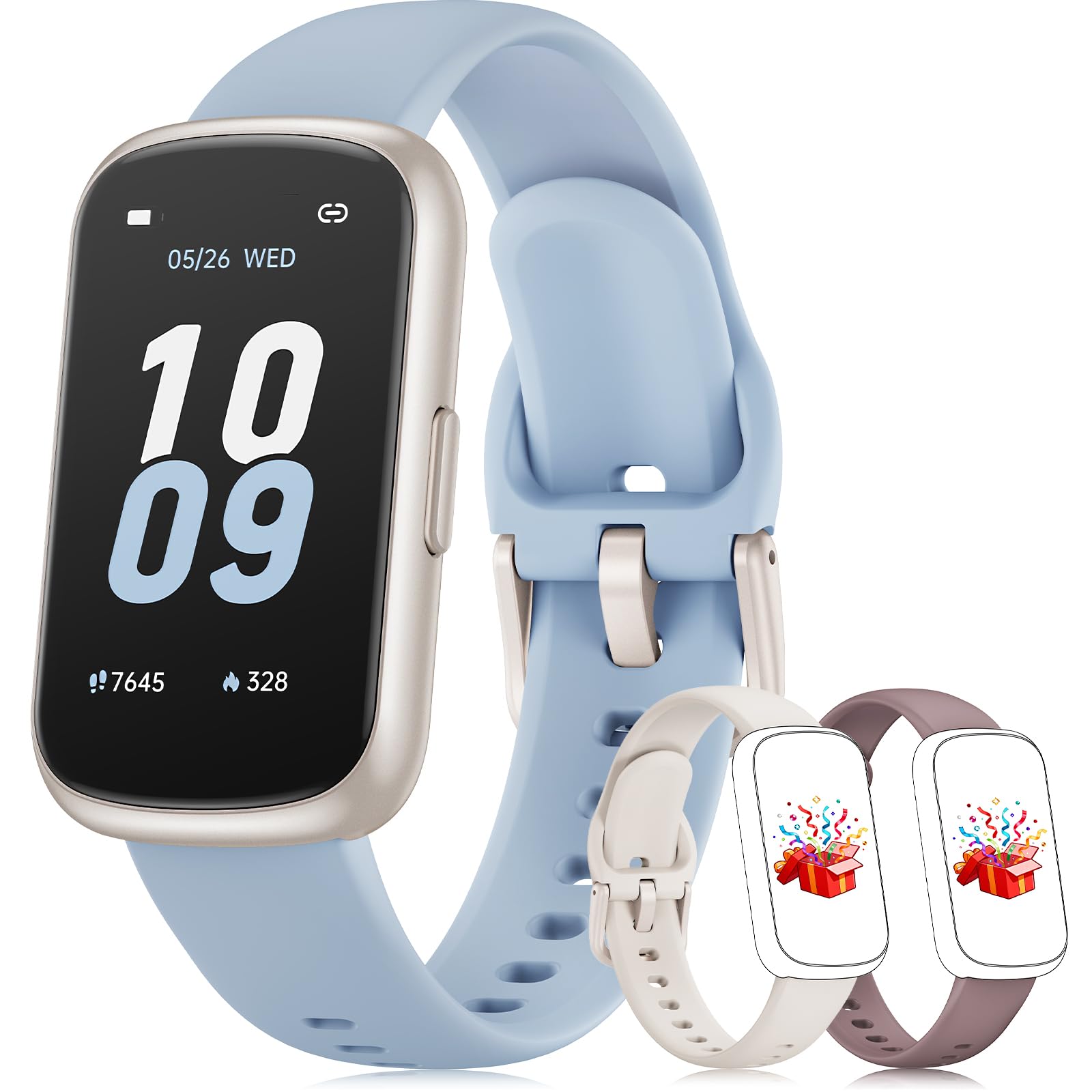 Fitness Tracker with 24/7 Heart Rate Monitor, Sleep Tracker - 3 ATM Waterproof Fitness Watch Calorie Step Counter Smart Watch Includes 3 Sport Bands for Android iOS Women Men, Starlight/Blue