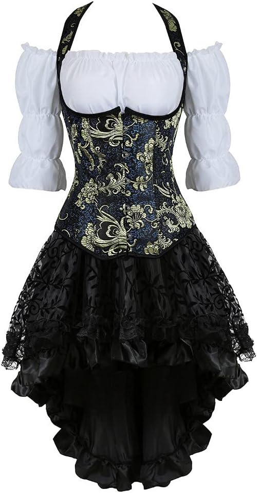 Steampunk Strap Boned Underbust Corset with Skirt and Pirate Blouse Women Carnival Costumes