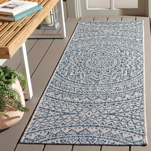 SAFAVIEH Washable Rug Outdoor Courtyard Collection - 2'3" x 10' Runner, Light Grey & Blue, Non-Shedding & Easy Cleaning, Ideal for Patio, Entryway, Mudroom, Hallway, Kitchen (CY8734-36812)