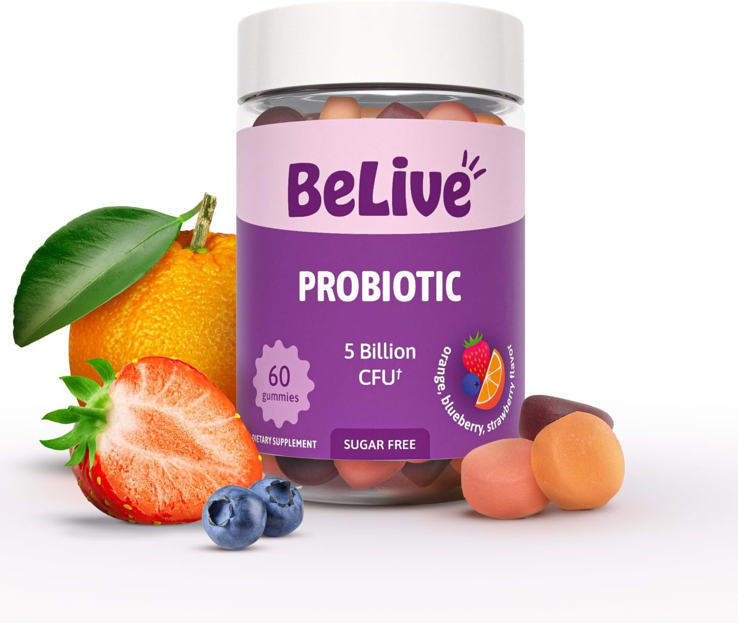 BeLive Probiotic Gummies - Probiotics with 5 Billion CFUs for Digestive Health, Men, Women & Kids - for Immune Support, Sugar Free & Vegan | 60 Ct – Blueberry, Strawberry & Orange
