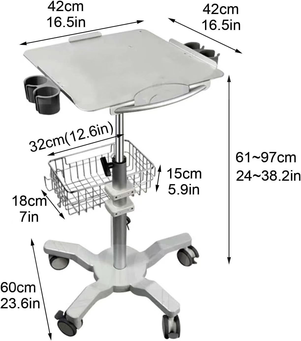 Regulowany wózek medyczny z 5 kółkami hamulcowymi, duży blat ze stopu aluminium, wózek medyczny o dużej pojemności do kliniki/szpitala