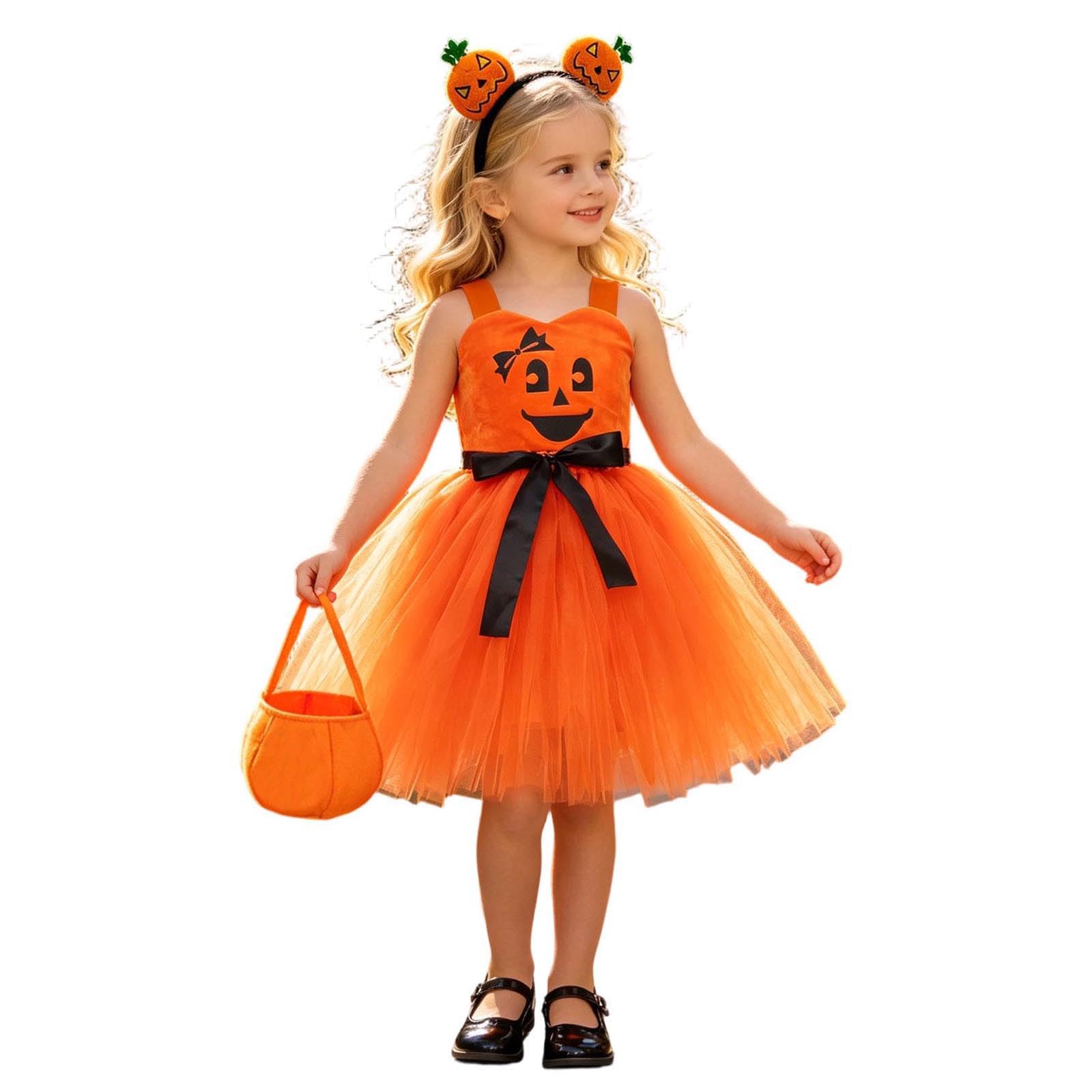 Kids Girls Halloween Pumpkin Costume Cute Sleeveless Tulle Dress and Headband Candy Bag Pumpkin Cosplay Party Outfit Witch Costume โ image 1