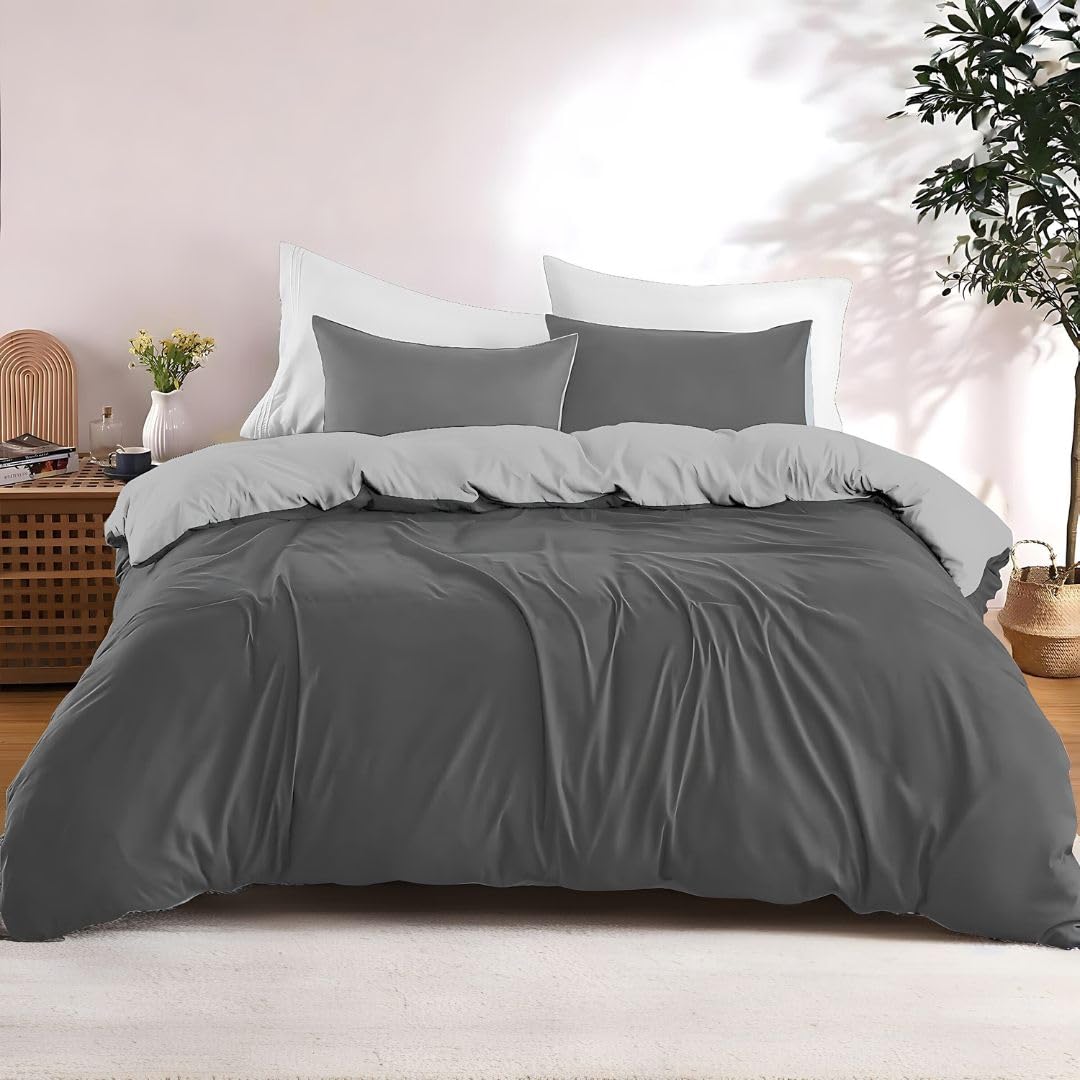 Dreamzie Copripiumino Matrimoniale 200x200 cm con 2 Federe 50x70 cm - Grigio Scuro/Grigio Chiaro Set Copripiumino Matrimoniale 200x200
