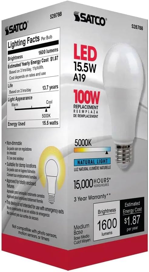Satco S28788 15.5A19/LED/50K/ND/120V (6 LED Light Bulbs)