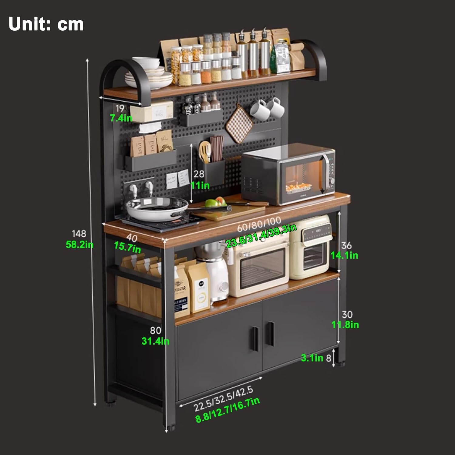 Kitchen Pantry Storage Cabinet Buffet, Metal Hutch Cupboard, Sideboard Buffet Cabinet with Storage, Storages Rack with Pegboard, Black Cupboard for Kitchen(100x40x148cm/39.3x15.7x58.2'')