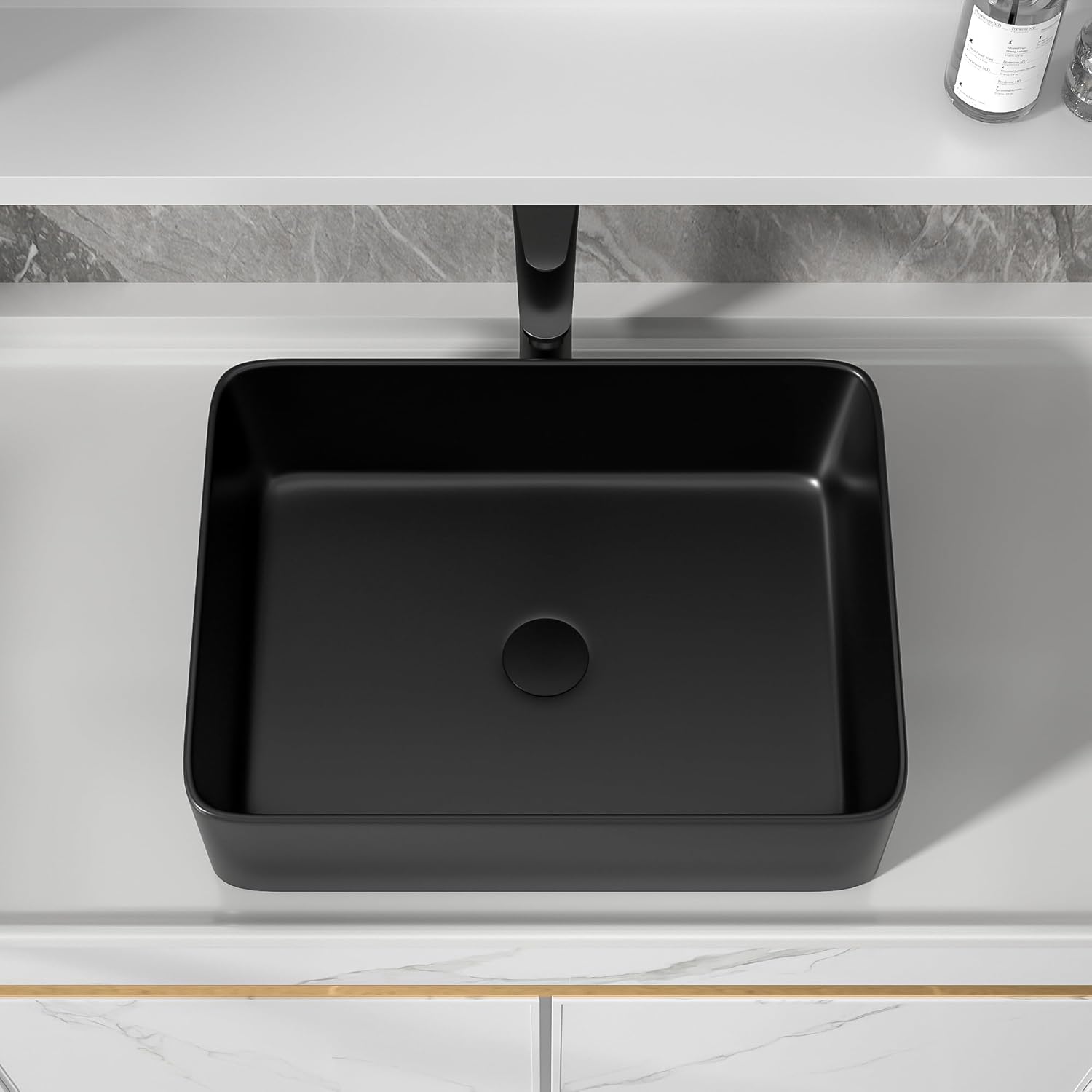 19"x15" Bathroom Vessel Sink Rectangular with Faucet Combo & Pop-Up Drain - Matte Black Porcelain Ceramic Rectangle Above Counter Vanity Lavatory Bath Sink Art Basin
