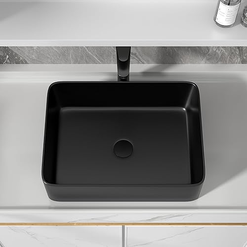 Miniatura 6 de Fregadero de baño de 19 x 15 pulgadas con grifo y desagüe desplegable – Porcelana negra mate rectangular sobre mostrador moderno lavabo de arte