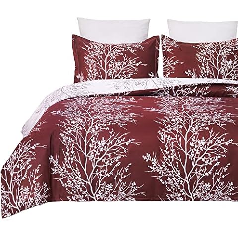 Vaulia Soft Microfiber Floral Duvet Cover Set, Branches Pattern White and Burgundy Red Color Reversible Design, 3-Piece ( 1 Queen Duvet Cover 2 Pillow Shams ) Cover