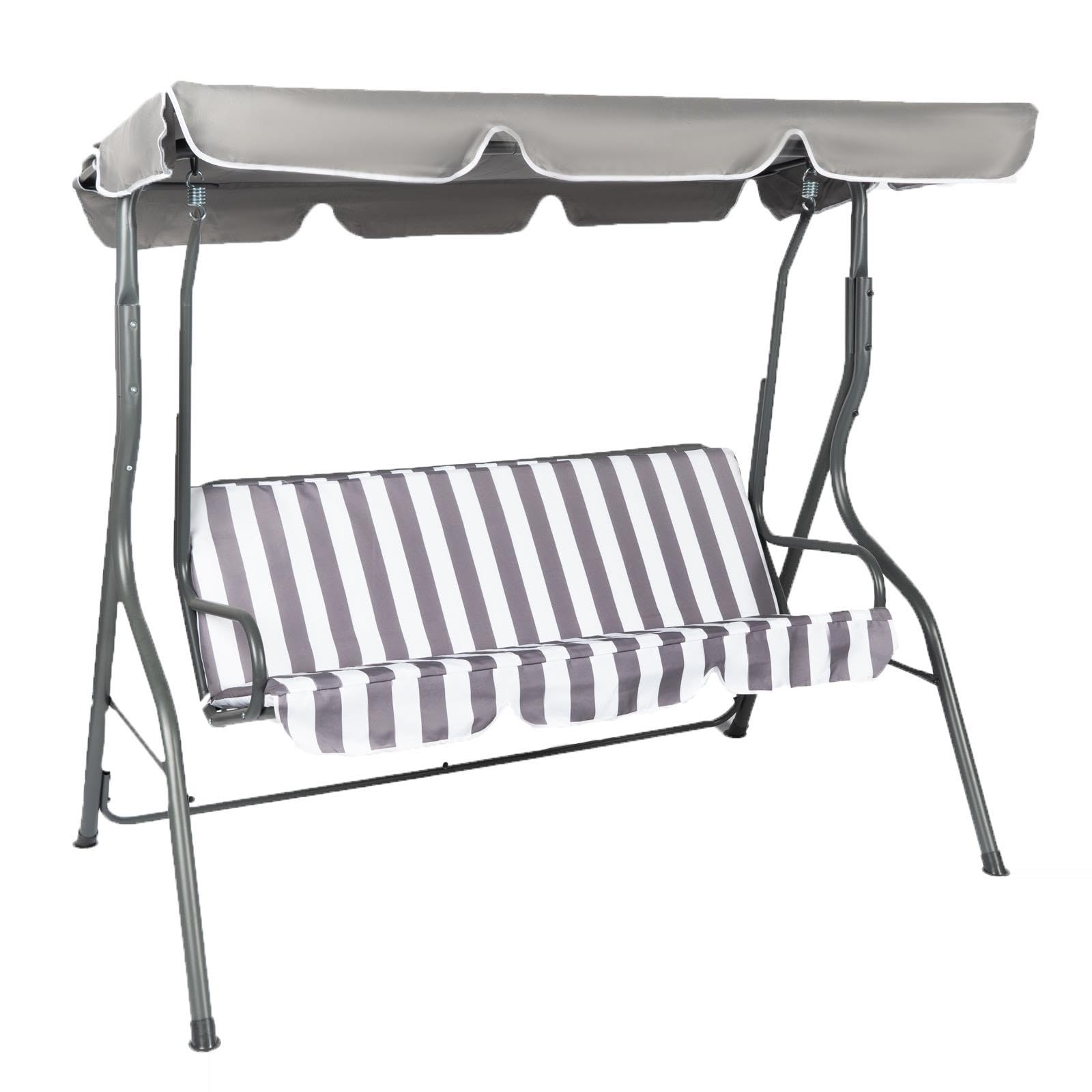 OHS Garden Swing Bench, 3 Seater Swing Seat Outdoor with Adjustable Canopy & Cushioned Seats Relaxing Comfy Outdoor Patio Hammock Bench, Grey/White Stripe