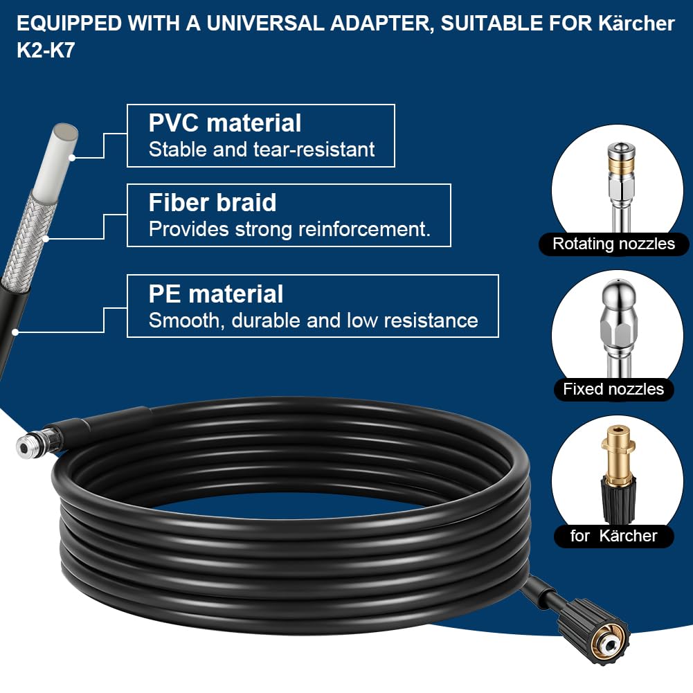 Manguera Limpieza Tuberías 10M 180 Bar,con Boquilla Fija y Boquilla Giratoria,Kit Limpiezas de Tubería,Compatible con Manguera de Limpieza de Tubería de Las Serie Kärcher K2,K3,K4,K5,K6 K7