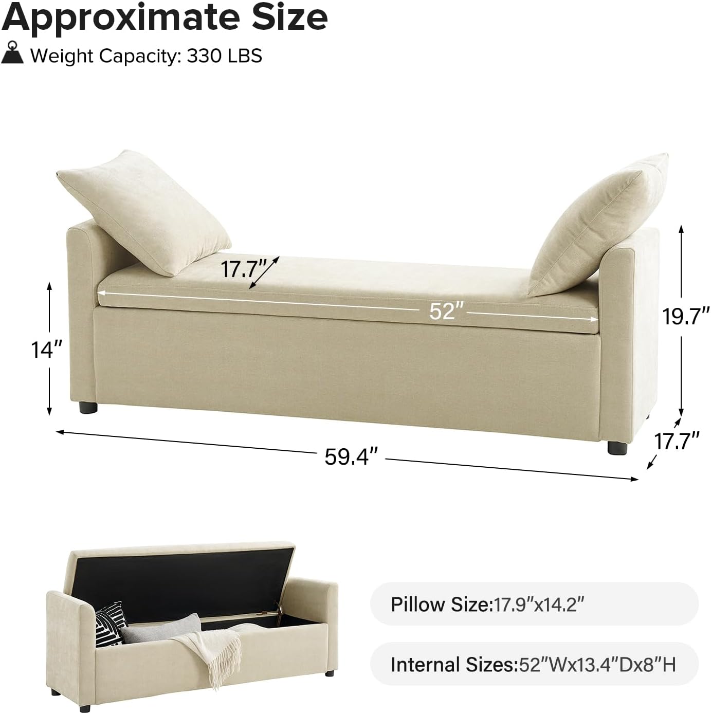 EcoHarbor Modern Storage Ottoman Bedroom Bench, End of Bed Bench with Throw Pillows and Arms, Footrest Stool for Living, Dining Room, Entryway and Hallway(Beige 59.4inch)