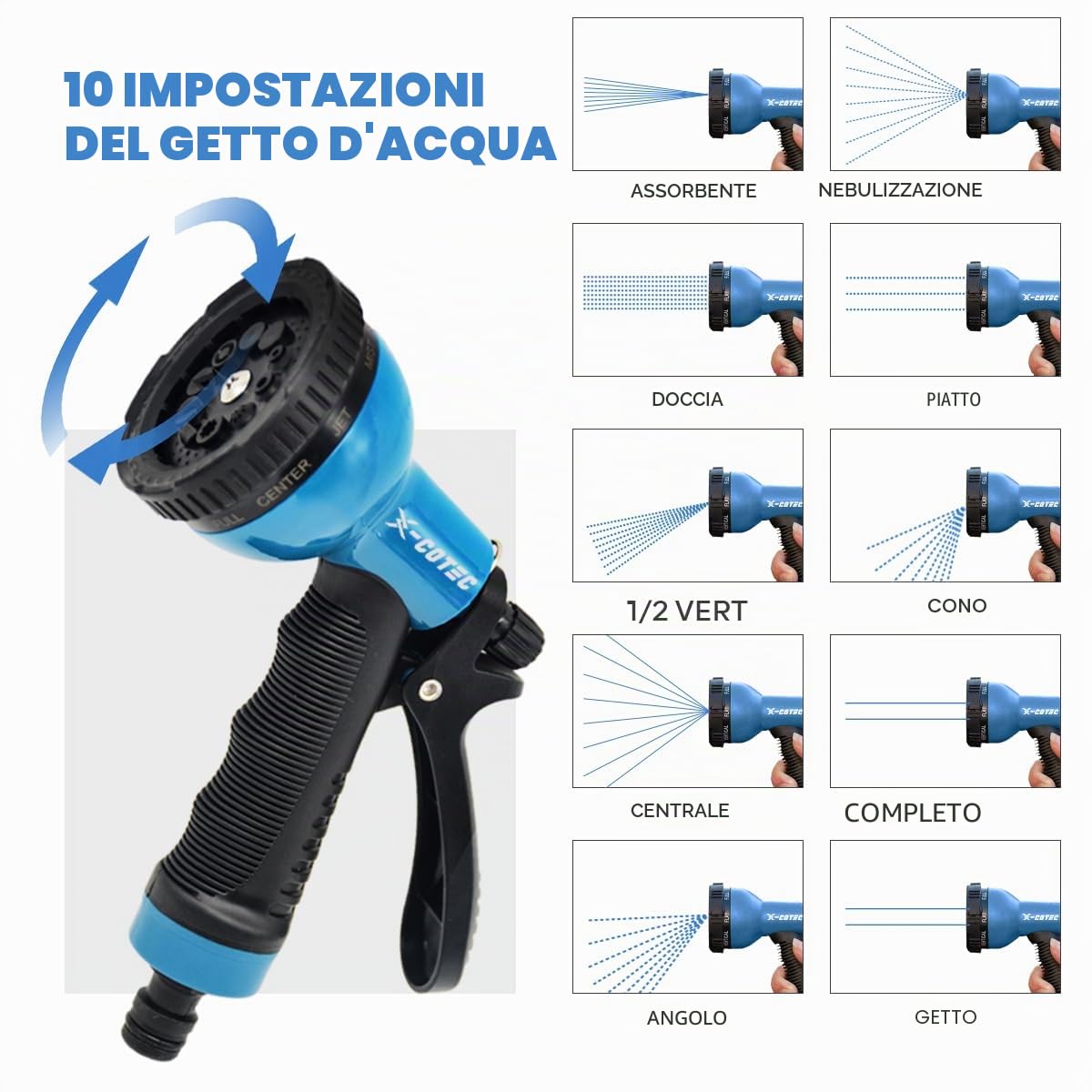 Tubo Estensibile da Giardino 30m/100ft, Tubo Acqua con Raccordi in Ottone da 1/2" e 3/4'', Canna con 10 Modalità Spruzzo per Irrigazione e Lavaggio