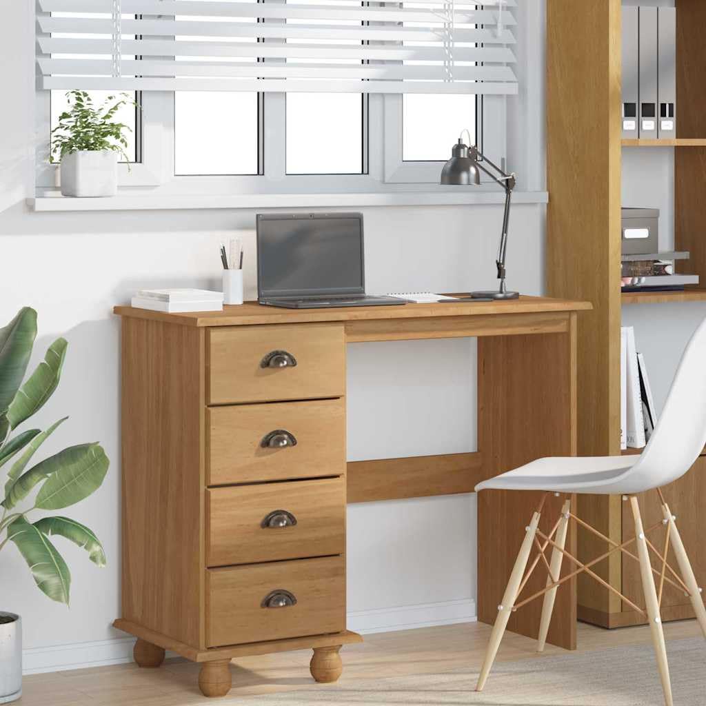Scrivania ASKIM 95 x 40 x 75 cm, legno massello di pino marrone, 4 cassetti, design moderno, robusto piano di lavoro per casa, ufficio, soggiorno