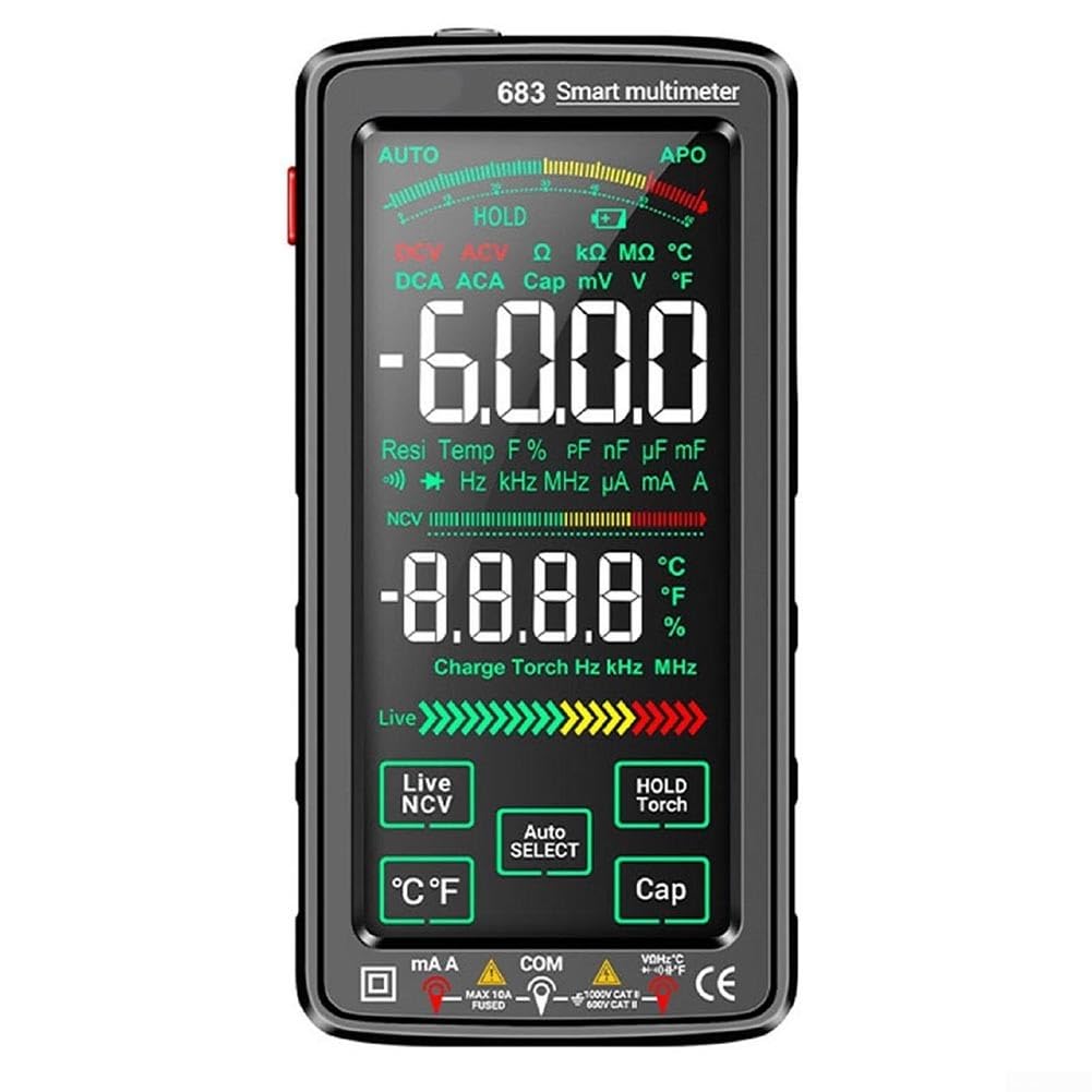 Multimetro digitale 683, 6000 conteggi, touch screen AC/DC multimetro con rilevamento NCV, ricaricabile USB e torcia integrata, per elettricisti e utenti fai da te (nero)