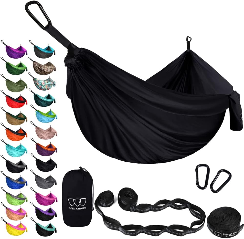 Gold Armour Camping Hammock - XL Double Hammock Portable Hammock Camping Accessories Gear for Outdoor Indoor with Tree Straps, USA Based Brand (Midnight Black)
