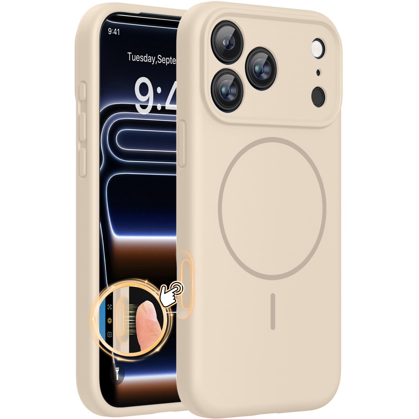 Miracase Magnetic für iPhone 17 Pro Hülle, Kompatibel mit MagSafe, integrierter Silikon-Kamerasteuerungsschutz, 3,0 mm verdickter stoßfester Fallschutz für 17 Pro, Sand