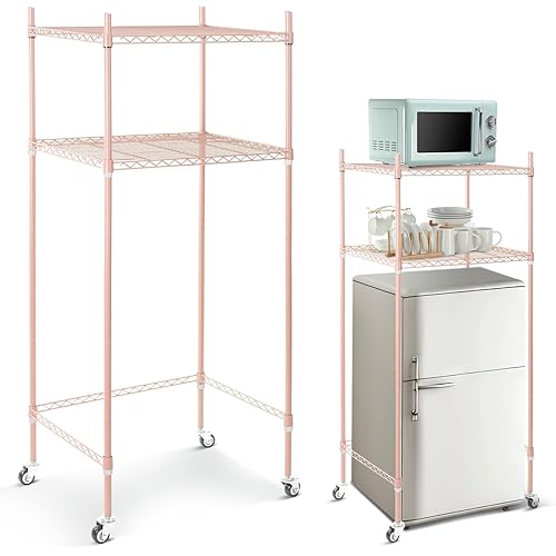 Tandefio 2 Tier Mini Fridge Stand with Storage for Dorm Microwave Stand Over Mini Fridge Storage Shelf with Wheels Adjustable Height Organizer for Kitchen College Rooms Pantry(Pink)