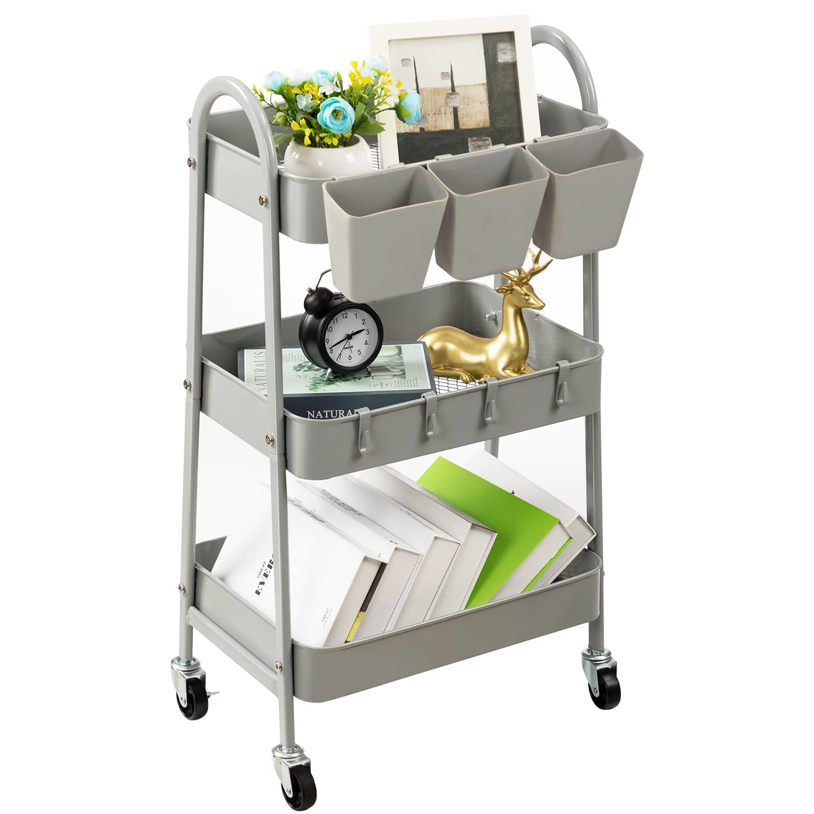 danpinera 3-Tier storage trolley, Metal storage cart with Lockable Wheels & Hanging Cups & Hooks, storage trolley on wheels for bathroom, kitchen, craft, beauty, Gray