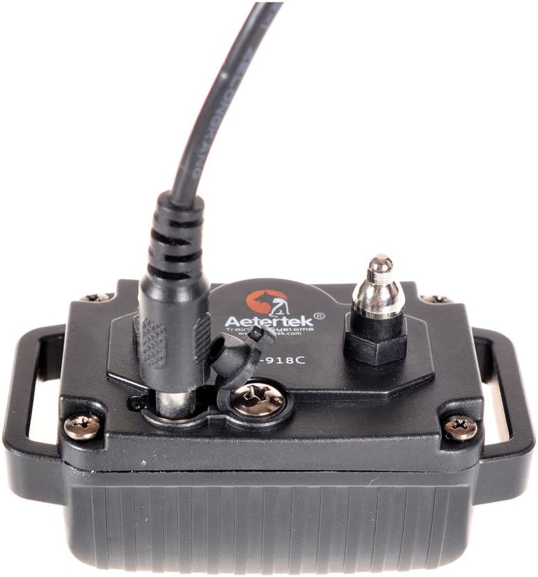 Close-up of the Aetertek AT-918C receiver collar showing the charging port and contact points.