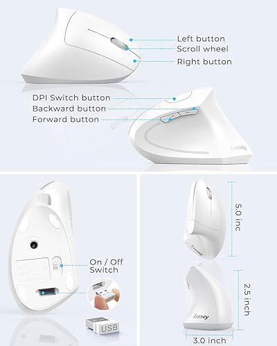 Miniatura 6 de Lekvey Ratón ergonómico, Ratón inalámbrico vertical, Ratones de túnel carpiano óptico recargable 2.4G con receptor USB 100012001600 DPI, 6 botones,