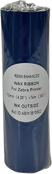 Thermal Transfer Printer Ribbon Roll Bulk Black Standard Resin-Enhanced Wax Ribbons 4.33" x 244/110mm x 74m Compatible with Zebra Printers & More 1 Roll