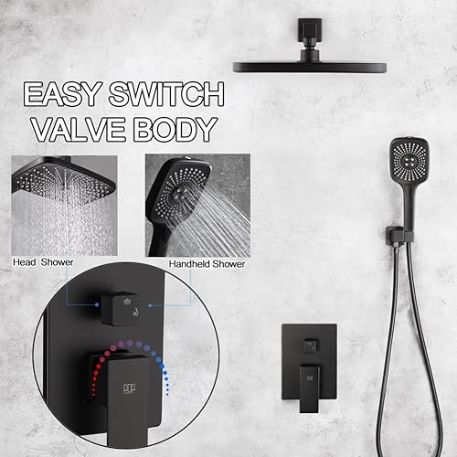 Miniatura 6 de POP SANITARYWARE Juego de grifo de ducha negro mate para baño, sistema de cabezal de ducha de 12 pulgadas, montaje en pared, accesorio de ducha de
