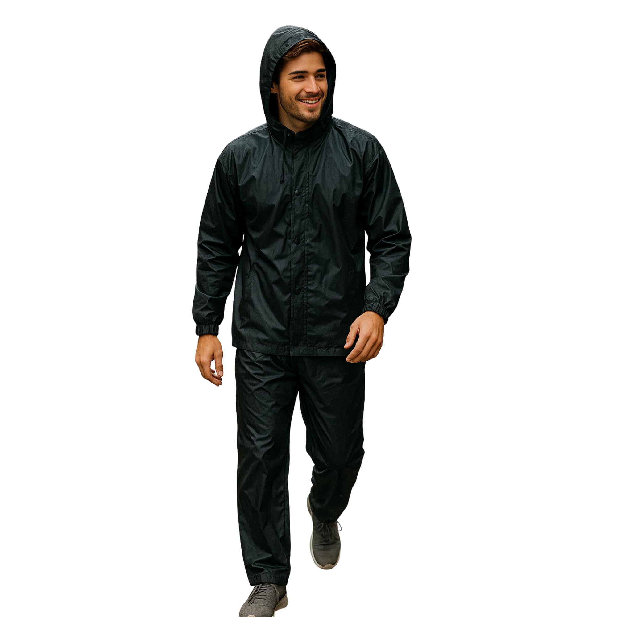 Rain Coat for Men waterproof with bagpack cover, 2XL Size Waterproof Raincoat Black with Pant Set suitable for Men, Women, Boys & Girls Adjustable Top and Bottom Rain Coat