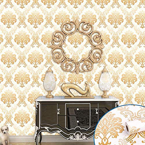 Lependor 17.71" X 118" Luxury Gold Damask Peel And Stick Wallpaper Removable Printed Stick Wall Paper Decorative Self Adhesive Shelf Drawer Liner Roll - 17.71" X 9.8 Ft, Gold Damask #TOP3