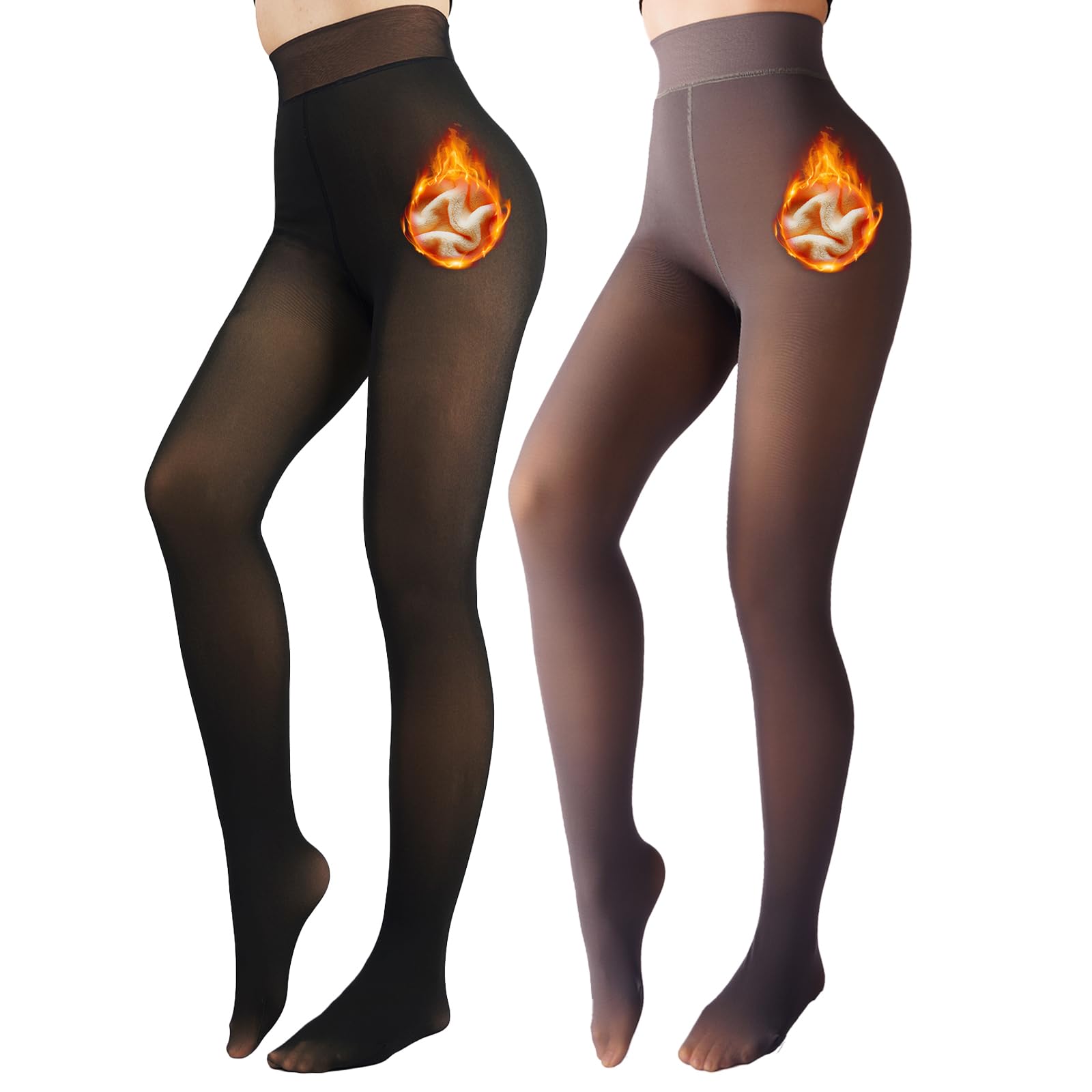 UniikStuff 2 Pack Fleece Lined Tights Sheer Winter - Fake Translucent Tights Winter Thick Warm Pantyhose Sheer Women Leggings: Black+grey Large