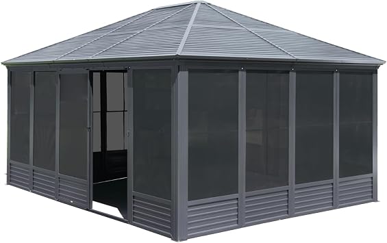 13x16.5FT Sunroom Gazebo with Aluminum Frame, PVC Screen Walls, and Sliding Doors Gray