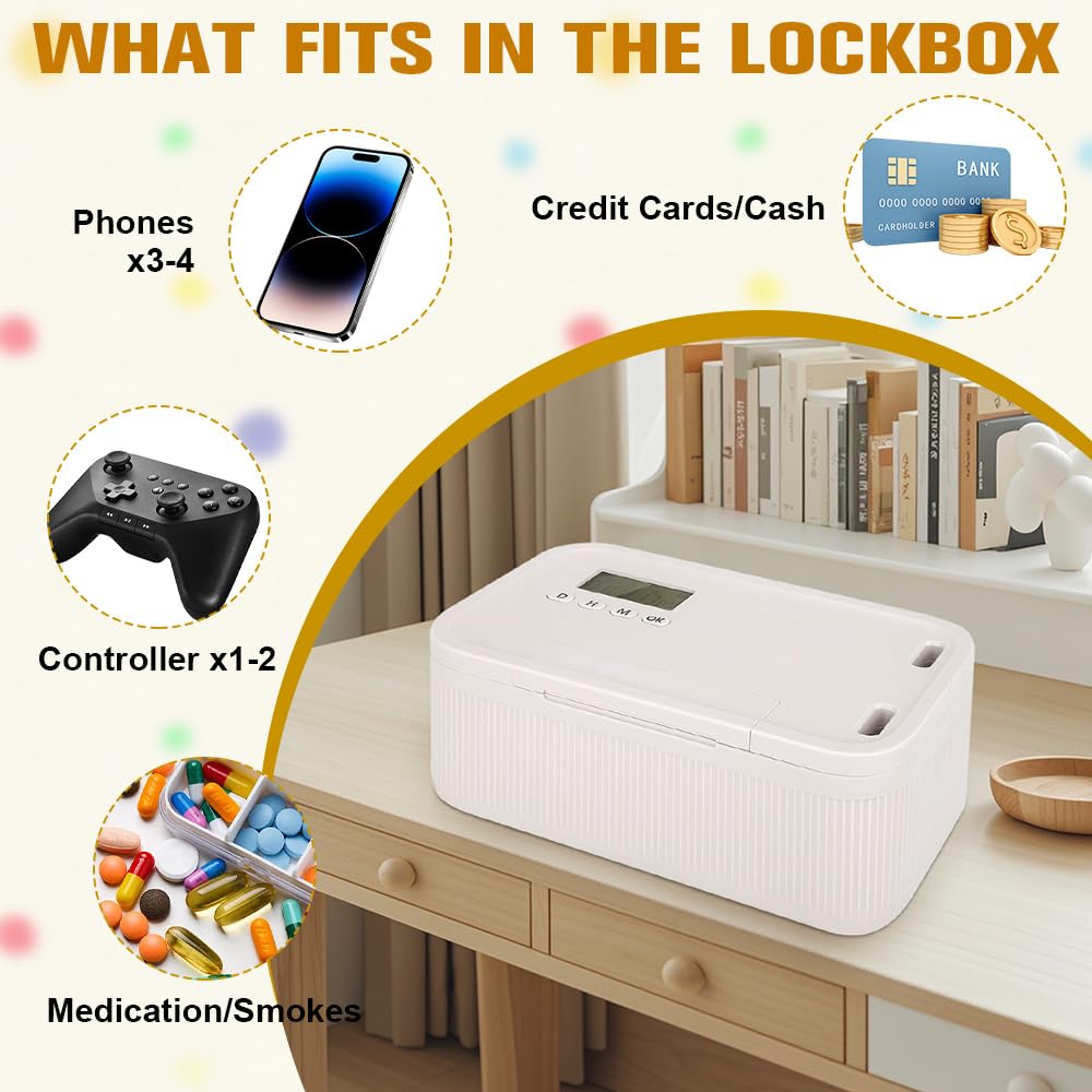 Caja con Temporizador y Bloqueo Seguro, Taquillas Temporales Seguras, Caja Bloqueable para Móviles, Contenedor de Autocontrol para Teléfonos, Videojuegos y Redes Sociales (23.9x13.1x 9.6 cm)