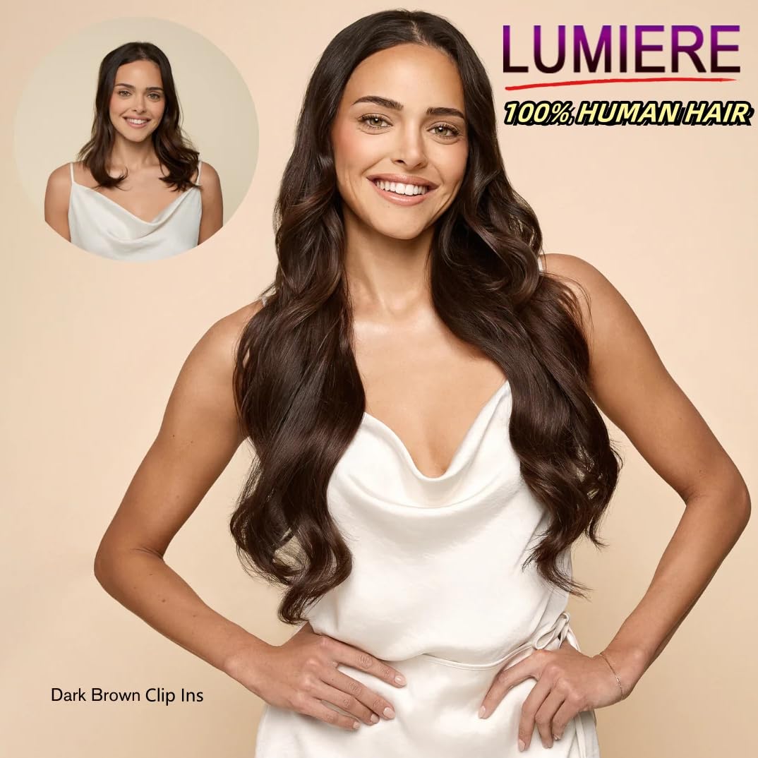 LUMIERE Clip In Hair Extensions Real Human Hair Dark Brown Clip In Hair Extensions Black Women 120g With 8pcs Seamless Real Human Hair Clip Ins 20 Clips Soft And Blend Well Dark Brown Color#2 16 Inch