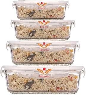 Borosilicate Glass Containers for Kitchen | 1 Year Warranty | Container Boxes for Storage, Storage Box for Kitchen with Air Vent Lid, Rectangular (Set of 4-140ml, 400ml, 620ml, 1000ml)