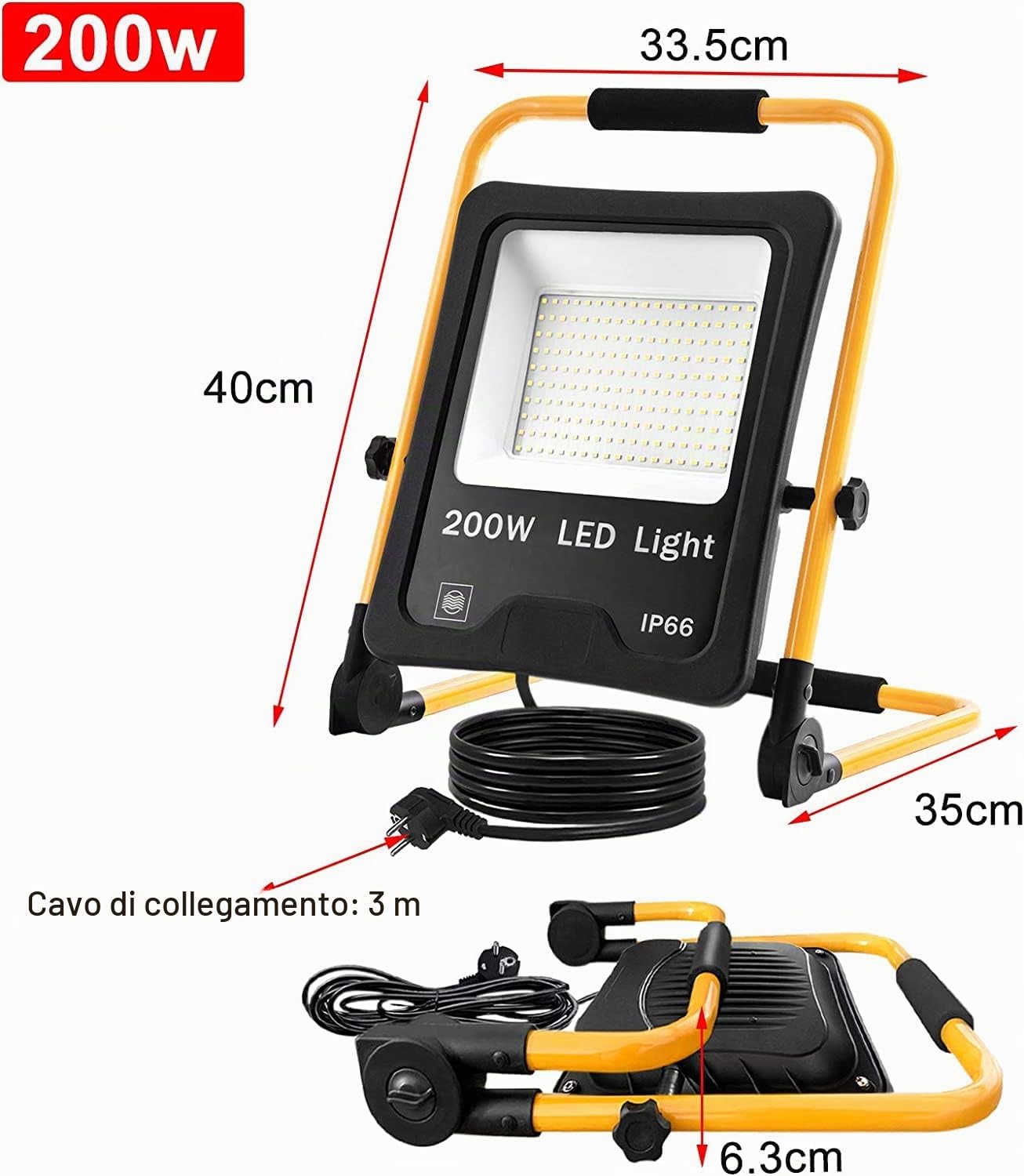 UISEBRT Faretto LED da cantiere, 200 W, bianco caldo, con Supporto e cavo di alimentazione, faretto a LED, impermeabile, IP66, per interni ed esterni, garage, giardino, campo sportivo, cantiere