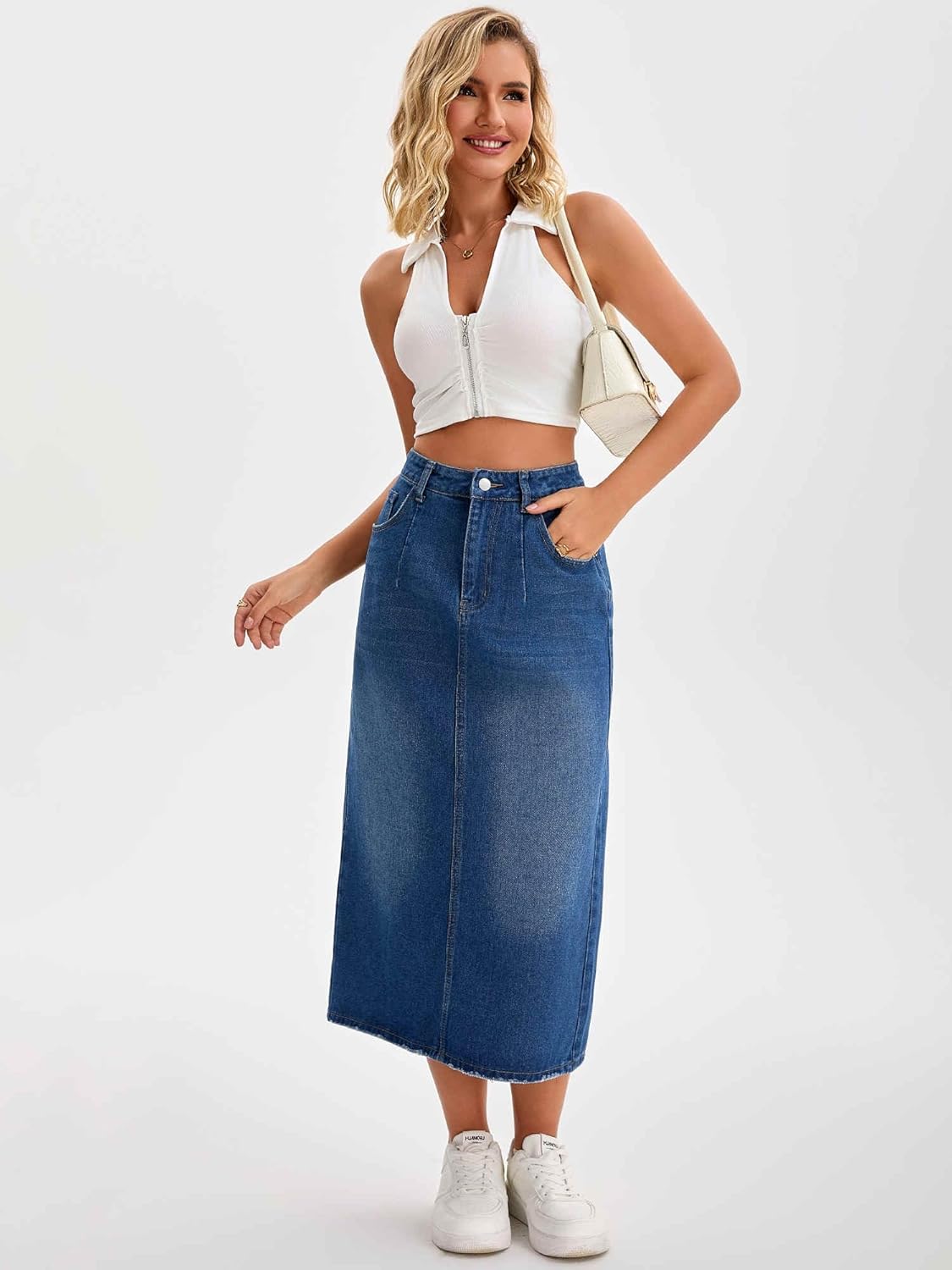 Women's Denim Skirt High Waisted Split Back Pockets Casual Pencil Midi Jean Skirts - Image 3