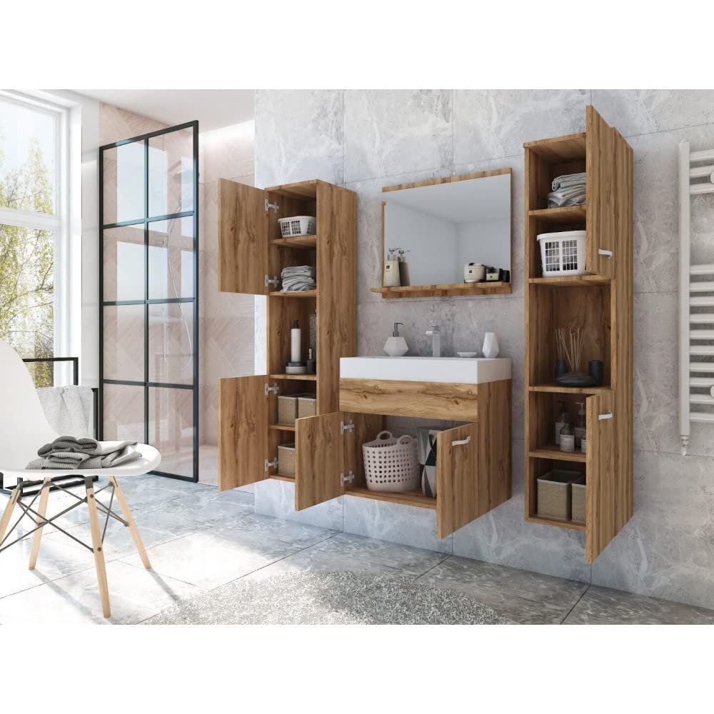 MINIO go for it - Badmöbel 4-Teilig Set Monal, Spiegel mit Regal | Schrank mit Waschbecken Laminierte Spannplatte Griffe und Beschläge aus Metall Wotan Eiche