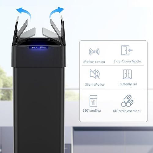 Miniatura 4 de TLSUNNY Basurero automático de 16 galones, de acero inoxidable, con sensor de movimiento, cubo de basura inteligente con tapa de mariposa, anillo de