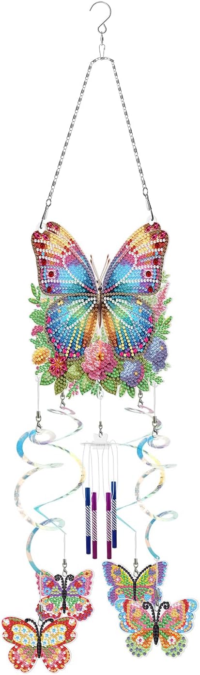 DIY Dotted Diamond Art Painting Wind Chime Kit, Spring Three-Dimensional Diamonds Dot Paintings Hanging Ornaments, for Spring Garden (Double-Sided Point Drilling)-5PCS