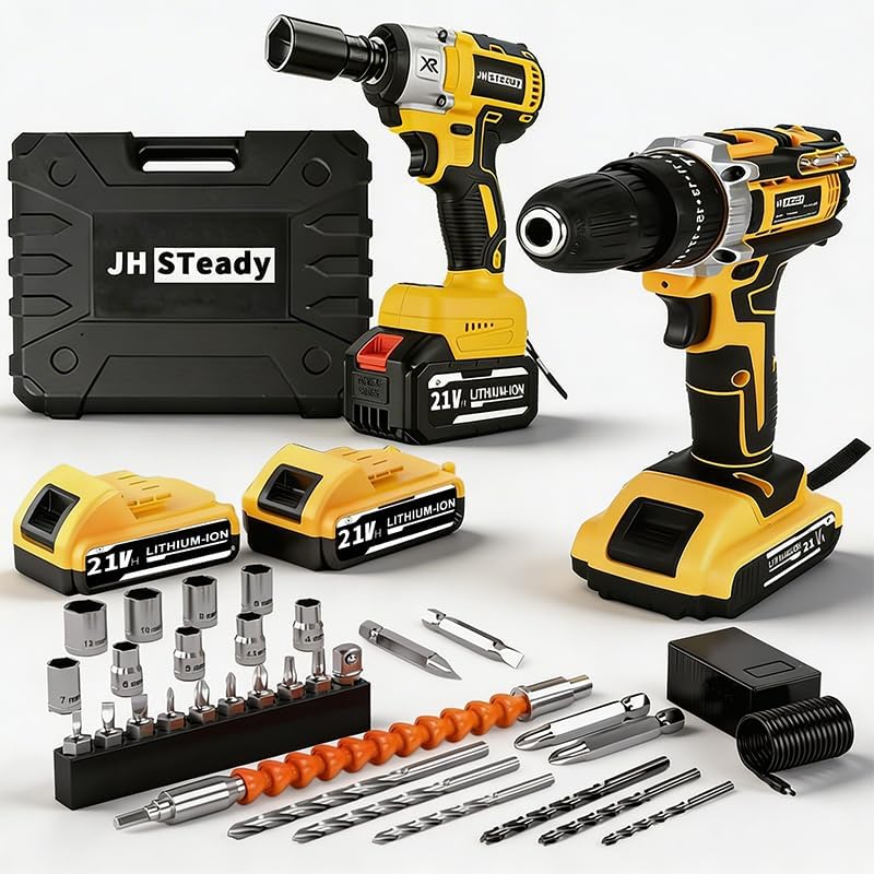 Cordless Drill & Impact Wrench Combo Kit, 2 Batteries & Charger Included, High Torque Power Tools for Home DIY, Auto Repair & Woodworking (high-end configuration yellow combination)