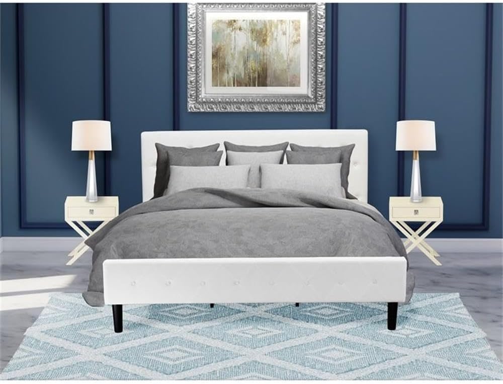 East West Furniture NL19K-2HA05 3 Piece Bedroom Set - King Size Button Tufted Bed - Linen white Velvet Fabric Upholstered Headboard and a linen white Finish Nightstand