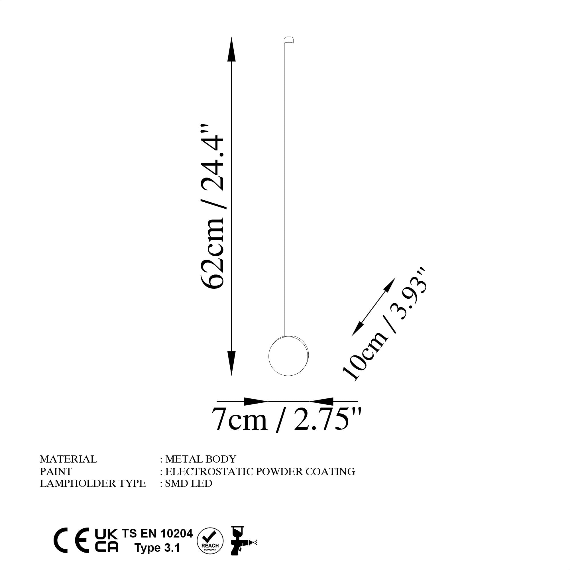 Elegante lámpara de pared blanca, cuerpo de metal, 62 cm de ancho, 10 cm de altura, 7 cm de profundidad, LED SMD de 8 W, 3000 K, diseño moderno para iluminación en casa y oficina