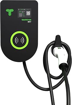 techtron EV7 7.4kW EV Charger Type 2 Tethered Home Wall Mount 5m Cable App Control WiFi RFID IP67 4.3-Inch LCD OZEV Approved RCD PEN Protection Single Phase Black