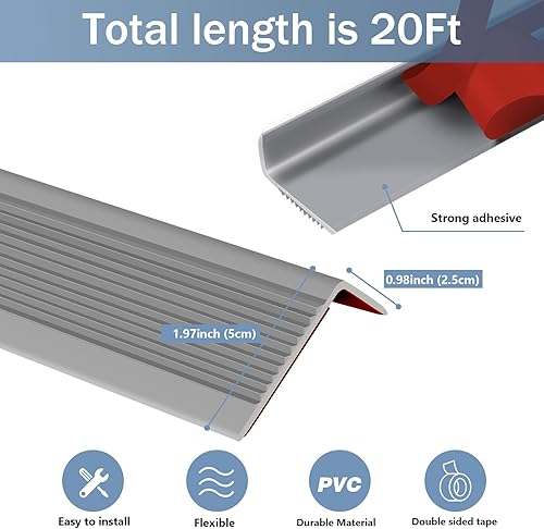 Miniatura 30 de Borde de goma autoadhesivo para escaleras, protector de borde de escalera de vinilo para exteriores e interiores (10 pies, negro y gris)