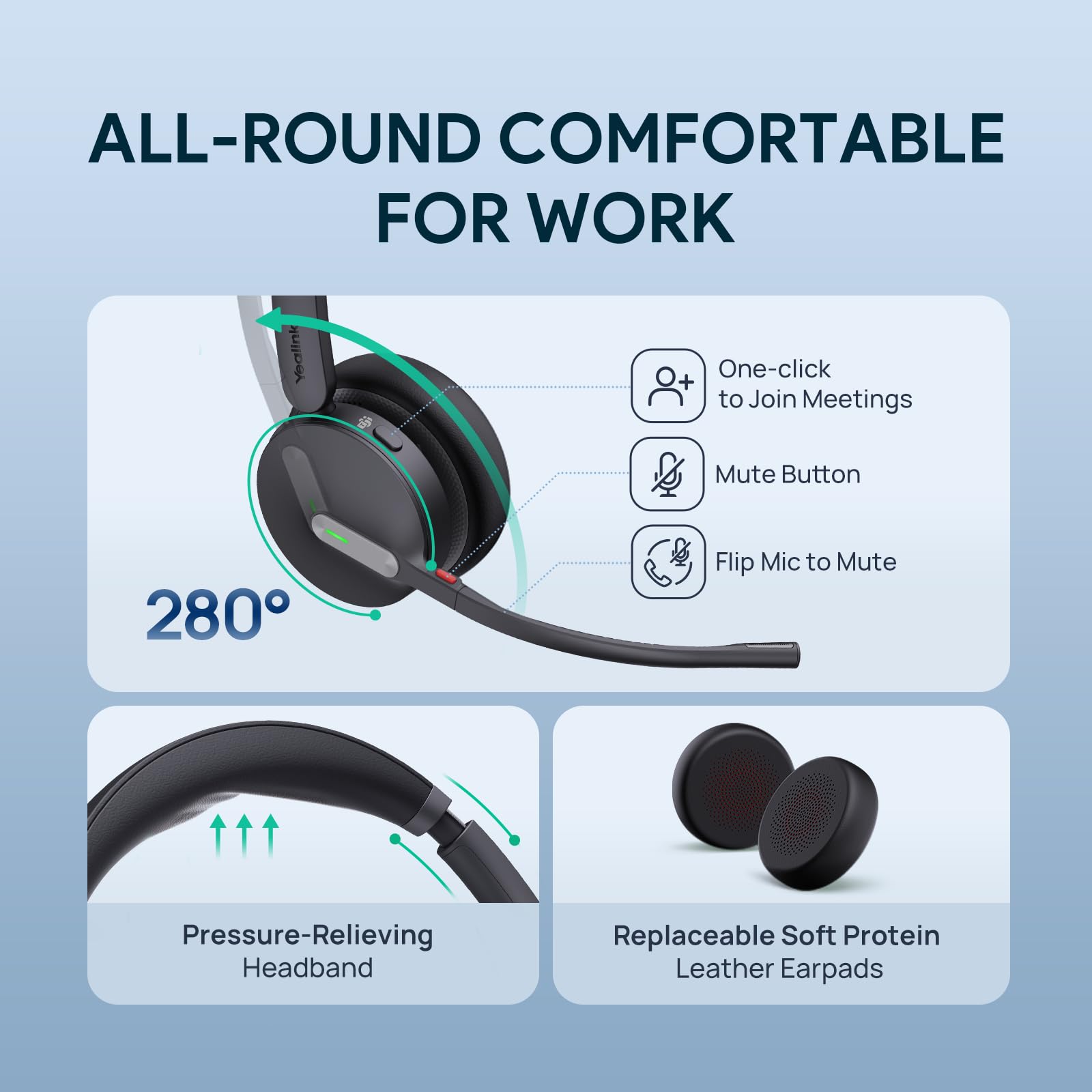 Yealink WH64 DECT & Bluetooth Mono UC Auriculares inalámbricos con micrófono, 606 pies de Alcance Auriculares con micrófono de cancelación de Ruido 3X, 26H Tiempo de conversación