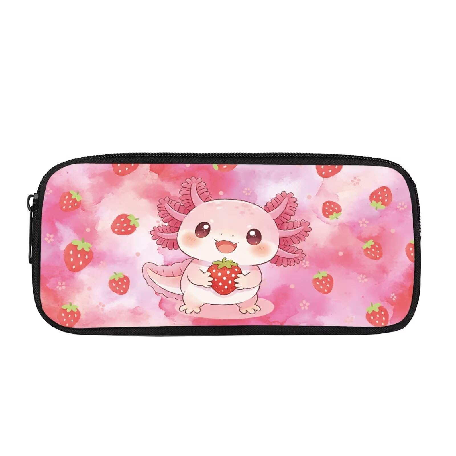 HUGS IDEA Strawberry Axolotl Pencil Case Fruity Print Pencil Pouch Large Zipper Stationery Organizer Portable Pencil Bag for Sweet Loving Girls Kids Preschool School Office Use
